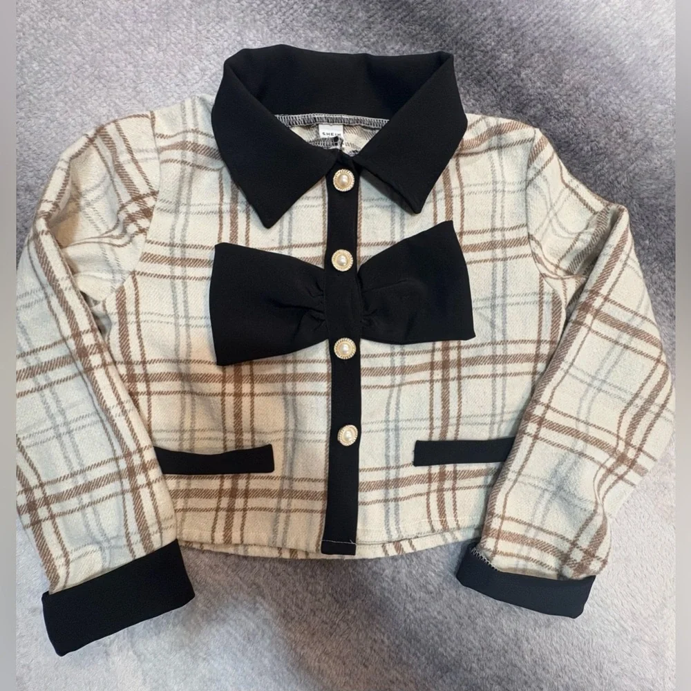 (B3) SHEIN Girls Cream Black Plaid Bow Statement Jacket Top 8Y - Picture 3 of 10